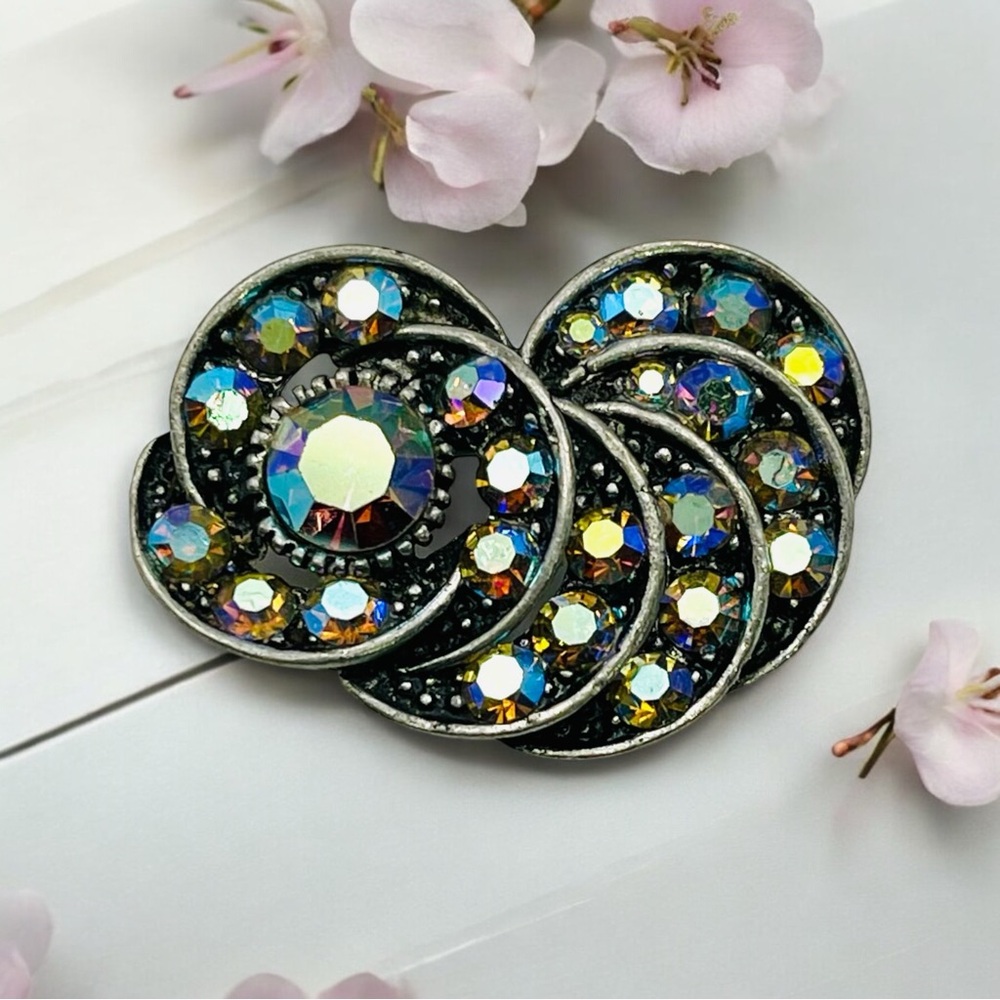 Sparkling Vintage Blue Aurora Borealis Rhinestone Swirl Brooch Estate Piece